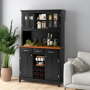 Credenza da Cucina, Armadietto Dispensa da Cucina Alto con Ante in Vetro Temperato, Portabottiglie, Ripiani Regolabili, Mobile Moderno per Cucina con 3 Cassetti e Ripiani Aperti (Nero)