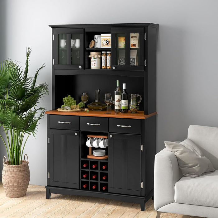 Credenza da Cucina, Armadietto Dispensa da Cucina Alto con Ante in Vetro Temperato, Portabottiglie, Ripiani Regolabili, Mobile Moderno per Cucina con 3 Cassetti e Ripiani Aperti (Nero)