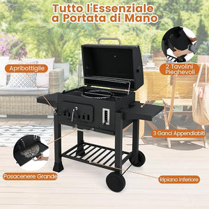 Barbecue a Carbone da Esterno con Ruote, Barbecue a Carbone Portatile con 2 Tavolini Pieghevoli, Vassoio del Carbone Regolabile a 6 Livelli e Ripiano di Stoccaggio, per Campeggio, Picnic