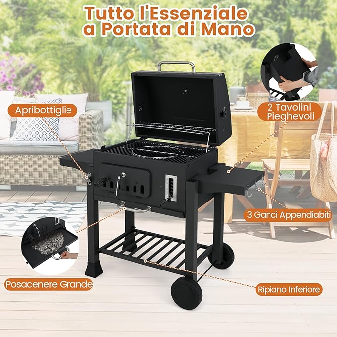 Barbecue a Carbone da Esterno con Ruote, Barbecue a Carbone Portatile con 2 Tavolini Pieghevoli, Vassoio del Carbone Regolabile a 6 Livelli e Ripiano di Stoccaggio, per Campeggio, Picnic