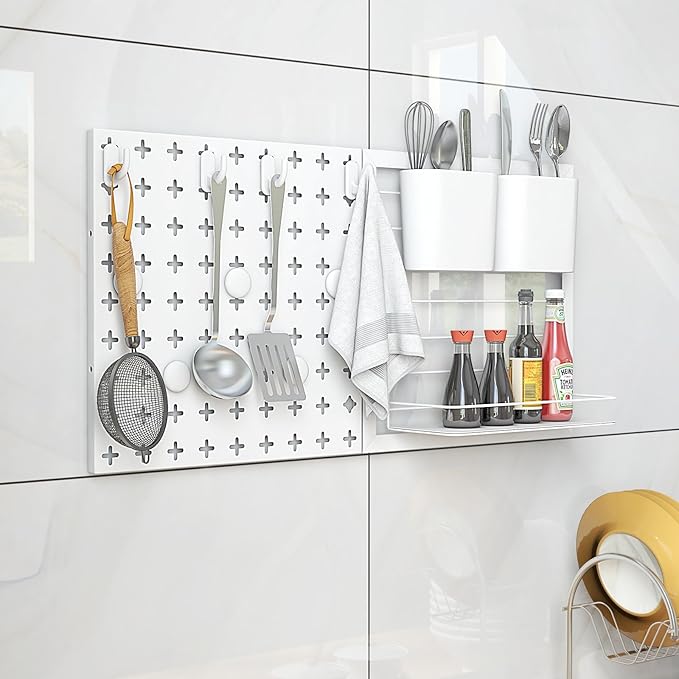 Kit 2 Pannelli Portaoggetti da Parete con Mensola Portaoggetti, Kit Combinato di Pannelli Forati, Contenitori Magneti e Ganci, Pannelli Forati Portautensili da Parete, 30,5x30,5 cm