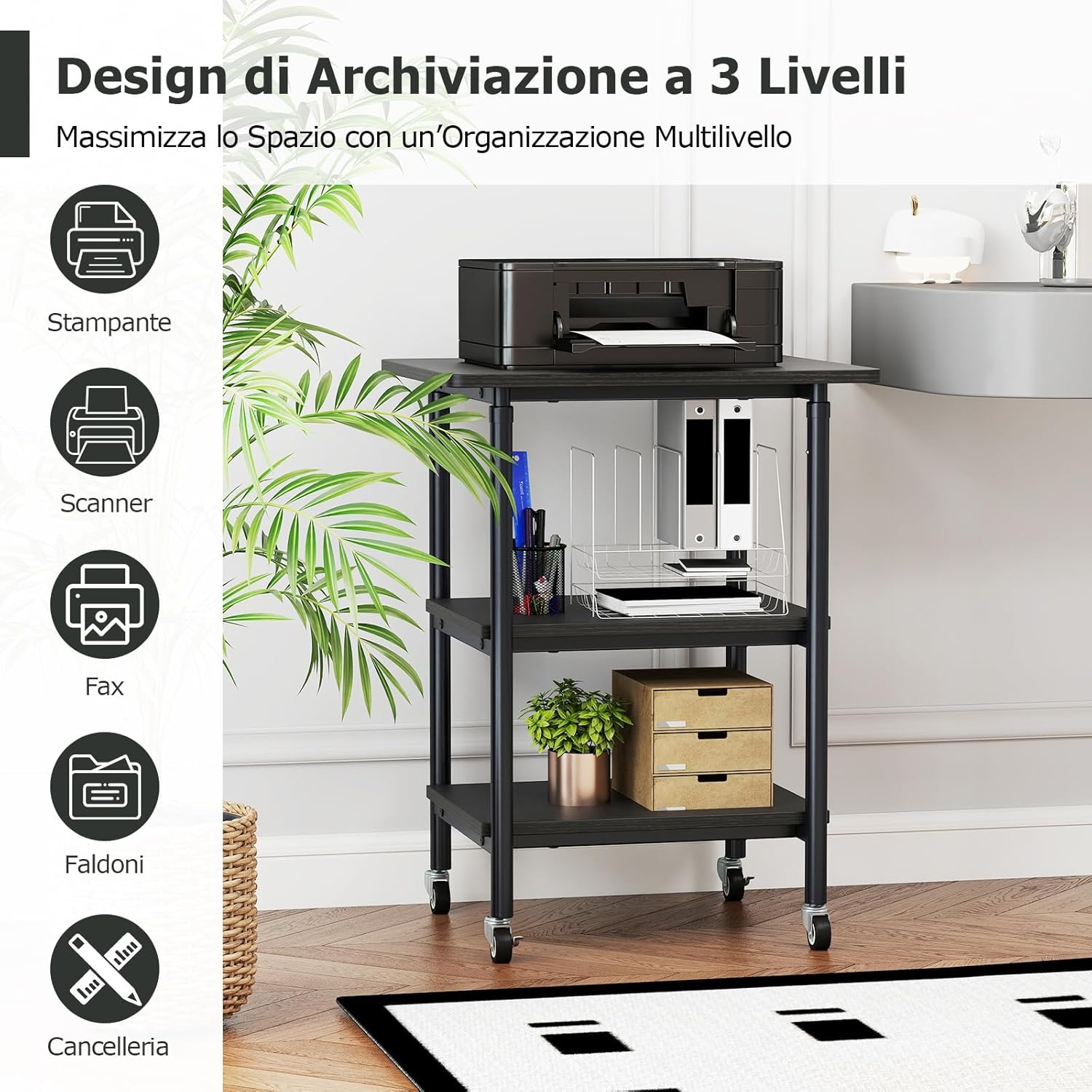 Supporto per Stampante, Carrello Stampante a 3 Livelli con Ripiani di Stoccaggio e Ruote con Blocco, Altezza Regolabile, per Stampante 3D Scanner Fax, 49 x 40 x 65/77 cm (Nero)