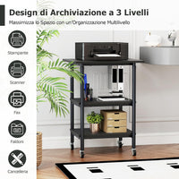 Supporto per Stampante, Carrello Stampante a 3 Livelli con Ripiani di Stoccaggio e Ruote con Blocco, Altezza Regolabile, per Stampante 3D Scanner Fax, 49 x 40 x 65/77 cm (Nero)