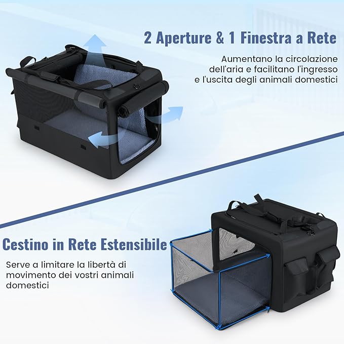 Trasportino Pieghevole per Cani e Gatti, Borsa da Trasporto per Animali con 2 Aperture, Finestra, Cesto Interno in Rete, Tasche Laterali e Porta Bicchiere, Gabbia Morbida e Portatile (M)