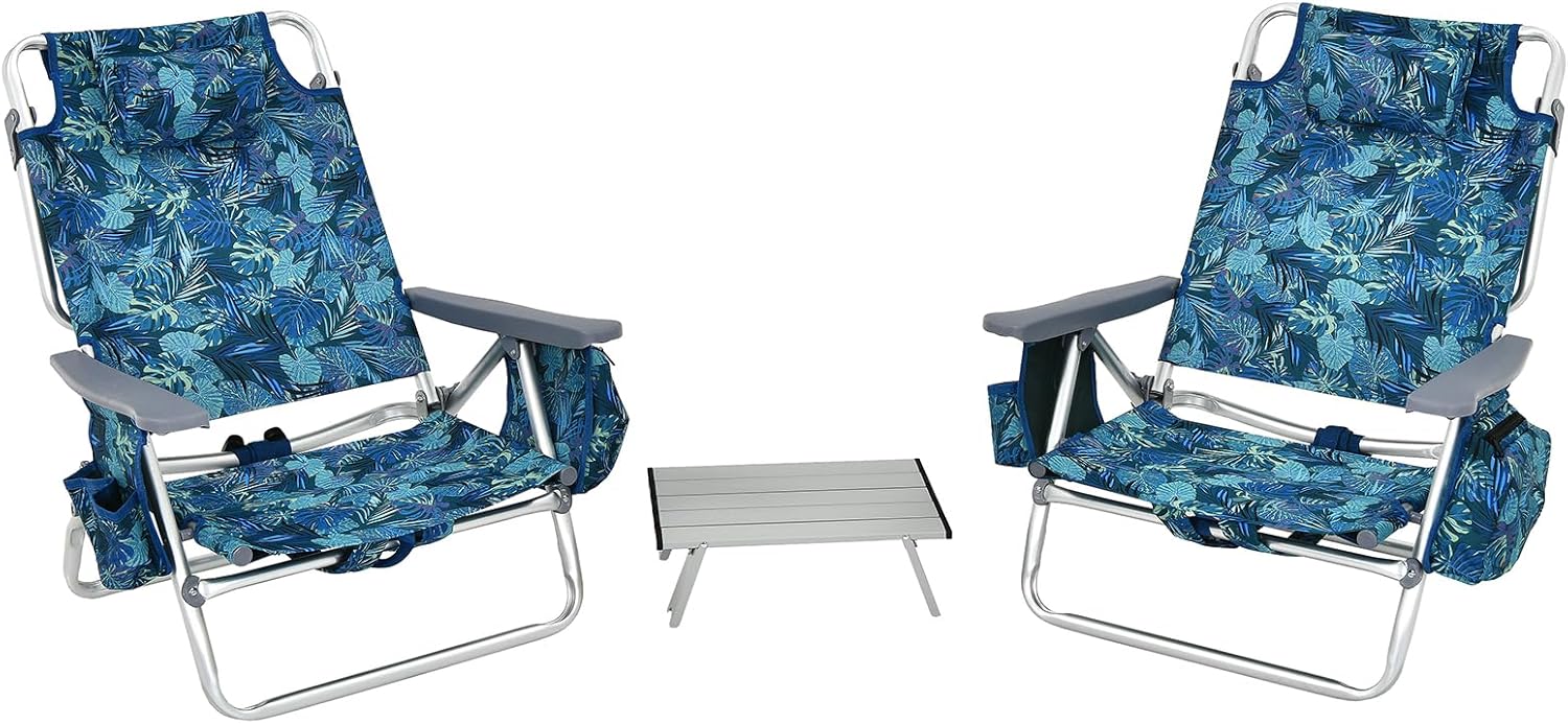 Set di Sedie da Spiaggia e Tavolino, Sedie da Esterno Reclinabili con Tavolino da Campeggio, Set di Tavolino in Alluminio e 2 Sedie Pieghevoli da Spiaggia a 5 Posizioni (Blu Navy)