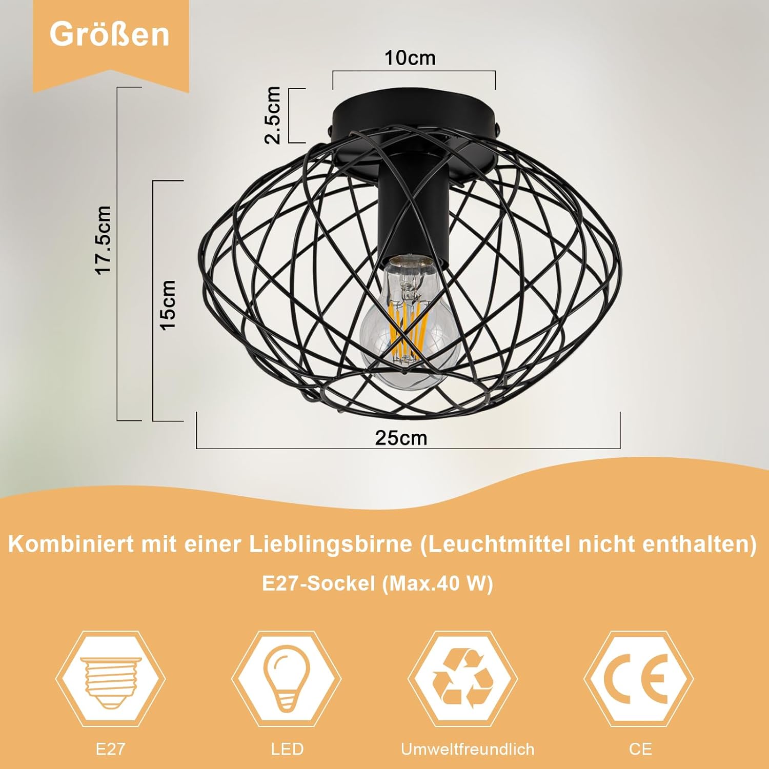 ZMH Lampada da soffitto vintage nera 25cm griglia gabbia per interni