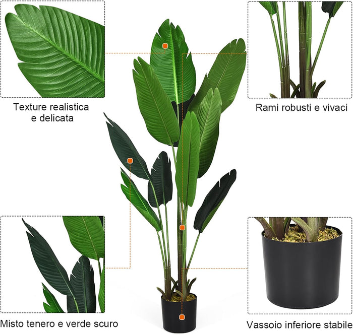 Pianta Finta da Interno da 160 cm, Palma Tropicale Artificiale in Vaso con Tronco Resistente e Foglie Realistiche, Pianta Artificiale da Interno ed Esterno