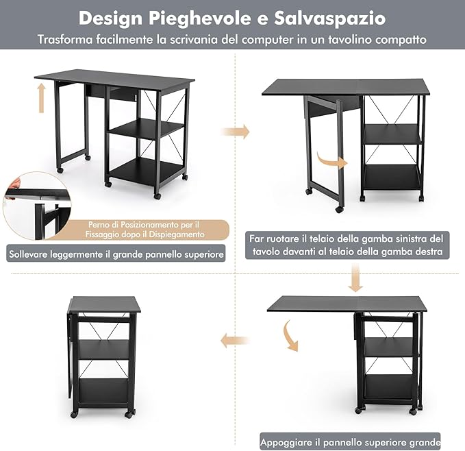 Scrivania Pieghevole per Computer, Scrivania Moderna con 2 Mensole, Postazione di Lavoro per PC con 6 Ruote, Scrivania Compatta Salva Spazio per Casa Ufficio, Marrone (Nero)