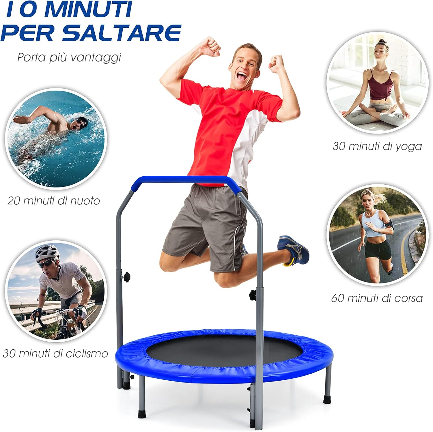 Trampolino per Bambini e Adulti, Tappeto Elastico Pieghevole e Regolabile in 4 Altezze con Maniglia, Capacità di Carico 150 kg