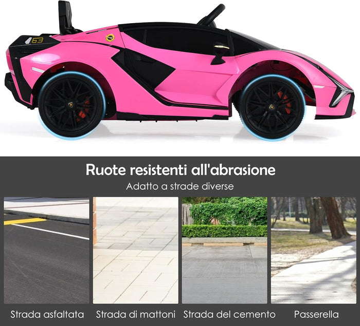 Macchina Elettrica Lamborghini per Bambini da 12V, Veicolo Elettrico Cavalcabile con Luci LED MP3 Telecomando, Fino a 5km/h, +3 Anni (Rosa)