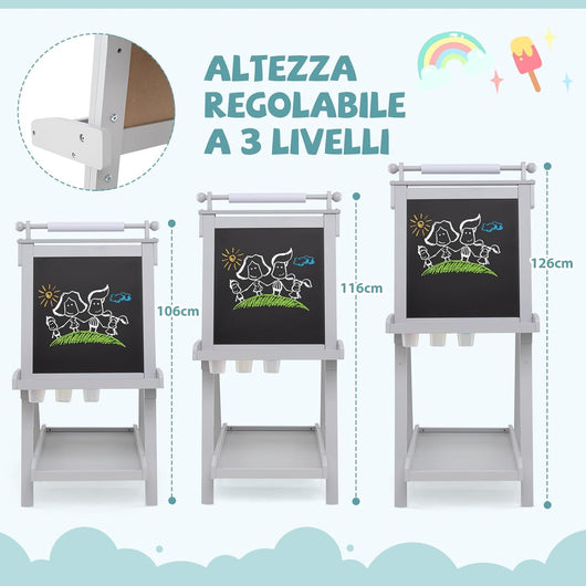 Lavagna per Bambini 3 in 1, Lavagna Magnetica con Lavagna Bifacciale, Rotolo di Carta, Vassoi Portaoggetti e 3 Bicchieri per Pittura, Cavalletto in Legno per Bambini 3+ Anni (Grigio)