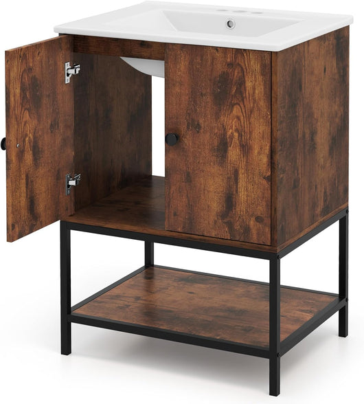 Mobile Sottolavabo per Bagno in Legno, Mobiletto da Bagno con 2 Ante e Mensola Aperta, Mobile da Bagno a Terra Stile Vintage con Lavandino in Ceramica, 61 x 46,5 x 87 cm, Marrone Rustico