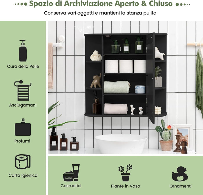 Mobile da Bagno con Specchio 66 x 17 x 63cm, Mobiletto in Legno Appeso con Mensole Regolabili, Armadietto dei Medicinali Multiuso per Bagno Salone Cucina (Nero)