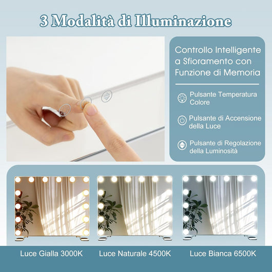 Specchio LED da Tavolo o da Parete, Specchio Rettangolare con 3 Colori, Controllo Touch Intelligente, Specchio da Trucco per Bagno Spogliatoio, 50x40 cm