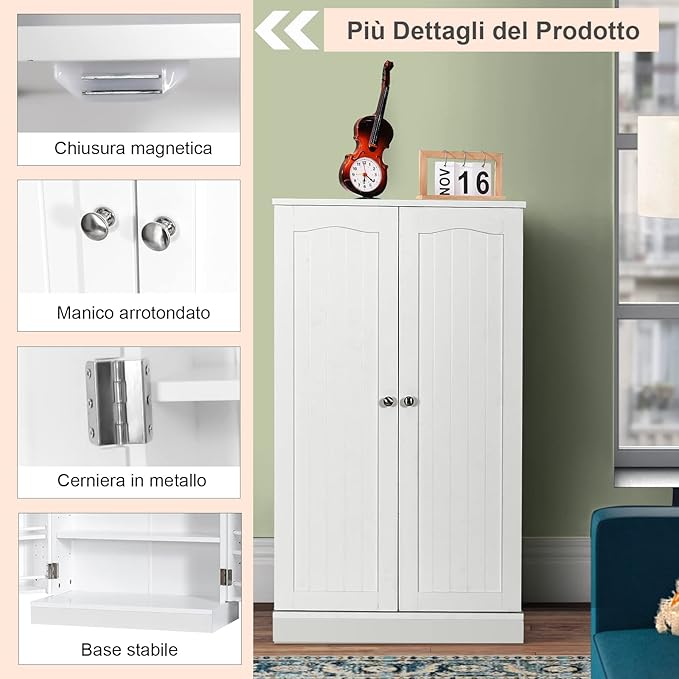 Armadietto Dispensa Alto 104 cm, Mobiletto da Cucina con Ante e Ripiani Regolabili, Credenza Autoportante per Sala da Pranzo, Soggiorno, Camere da Letto, 59 x 30 x 104 cm (Bianco)
