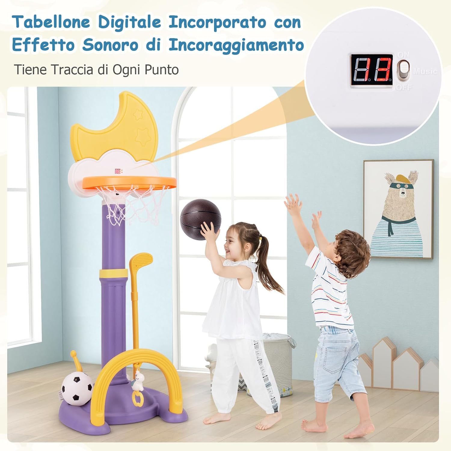 4 in 1 Canestro da Basket per Bambini, Centro di Attività Sportiva Regolabile con Basket Calcio Golf e Gioco del Lancio dell'Anello, per Interno ed Esterno, 3 Anni+ (Giallo)