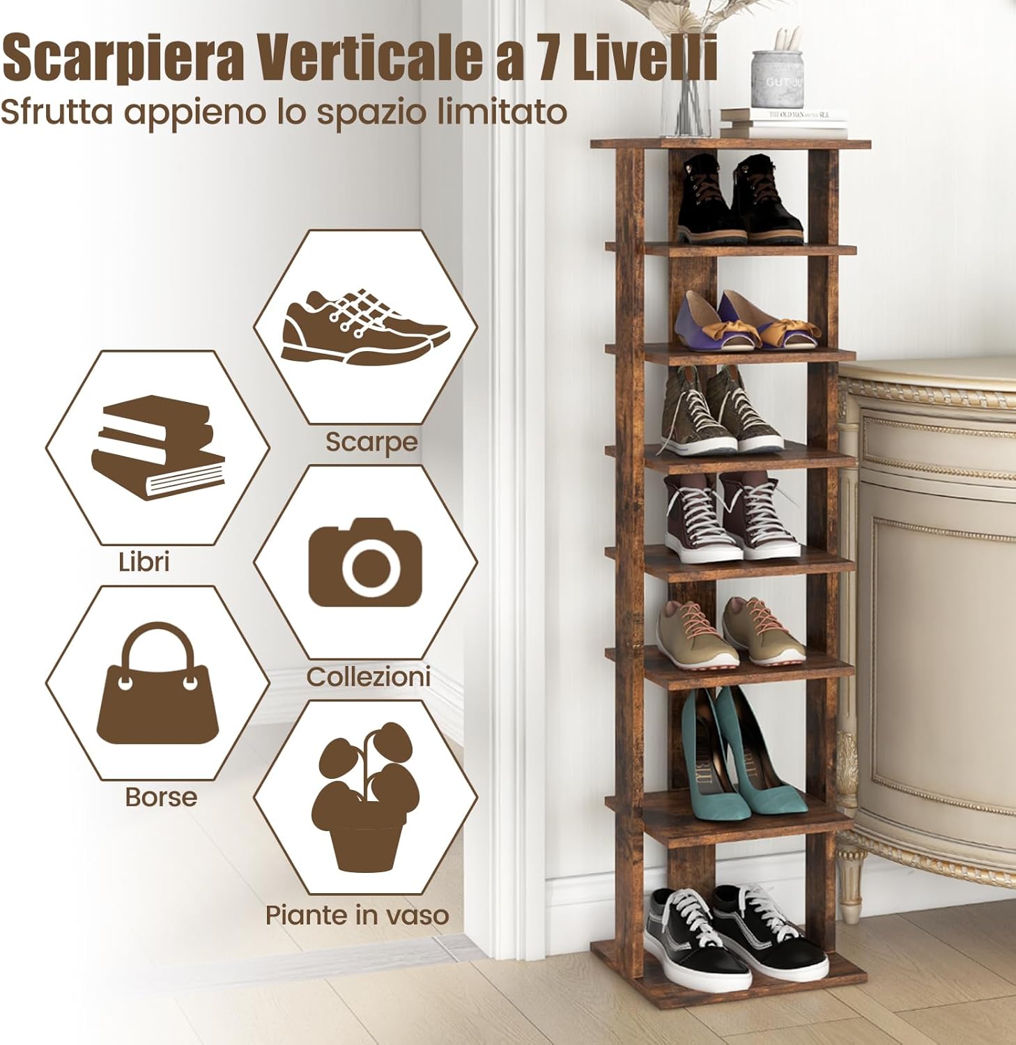Scarpiera a 7 Ripiani, Scaffale Portascarpe in Legno con 2 Ripiani di Diverse Altezze, Scaffale Portaoggetti Multifunzione per Ingresso Soggiorno Camera da Letto, 28,5x25,5x110 cm (Marrone)