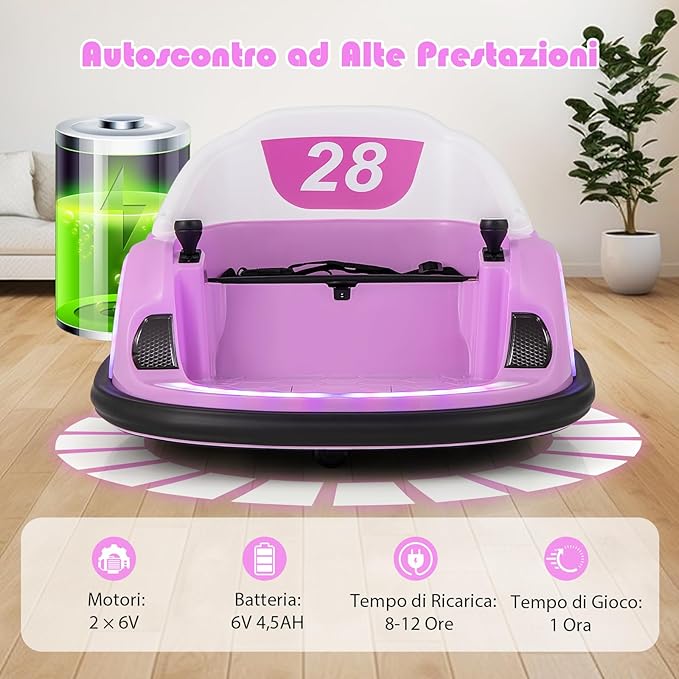 Autoscontro Elettrico per Bambini, Macchina Elettrica per Bambini con Luci LED, Connessione Wireless, Musica Giro a 360°, Macchina Cavalcabile per Bambini 18+ Mesi (Rosa)