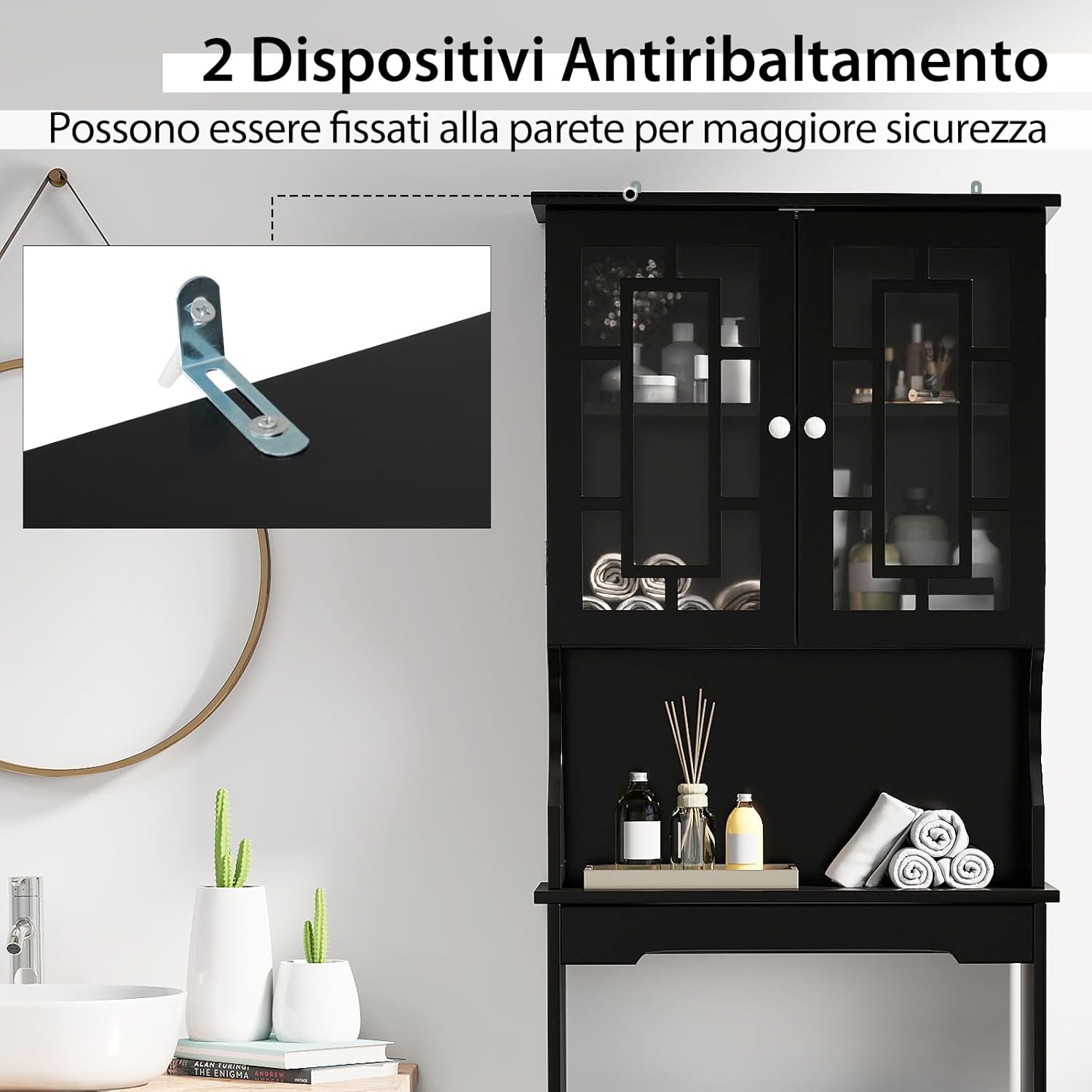 Mobile per Lavatrice, Organizzatore Bagno con 3 Mensole, Scaffale per Bagno con Mensola Interna Regolabile e 2 Ante, Salva Spazio (Nero)