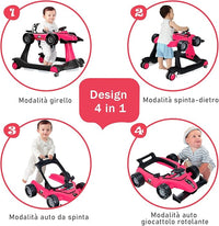 Girello per Bambini 4 in 1, Girello Pieghevole con Altezza e Velocità Regolabili, Carillon con Luci, Volante, Primi Passi per Bambini 6-18 Mesi, Portata 15 kg (Profondo Rosso)