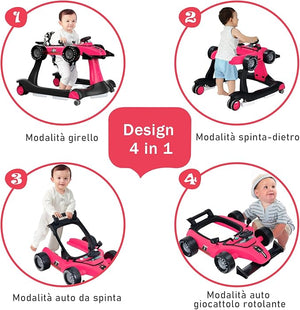 Girello per Bambini 4 in 1, Girello Pieghevole con Altezza e Velocità Regolabili, Carillon con Luci, Volante, Primi Passi per Bambini 6-18 Mesi, Portata 15 kg (Profondo Rosso)