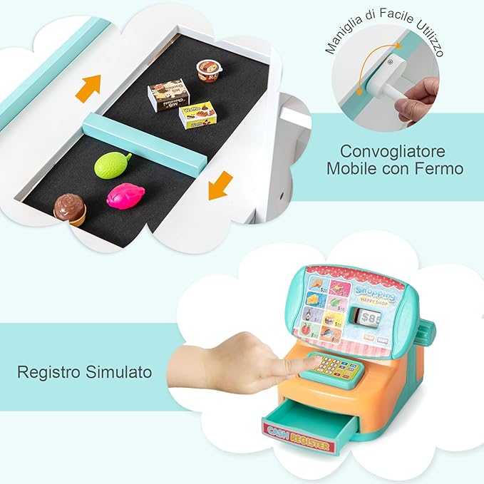 Set da Supermercato in Legno per Bambini, Gioco di Finta Spesa con Registratore di Cassa, Carrello della Spesa, Lavagna, Nastro Trasportatore, Mercato Interattivo con Contenitore e Luci LED