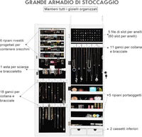 Armadietto Portagioie Specchio per Gioielli con Luci LED, Specchiera da Porta e Muro, per Figura Intera, 120x37x9,6cm