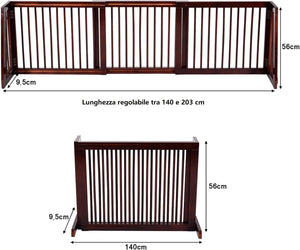 Cancelletto per Cani Regolabile in Legno Massello, con Base Larga e 3 Ante, Ideale per Cani di Piccola/Media Taglia (140-203) x 9,5 x 56 cm, Marrone