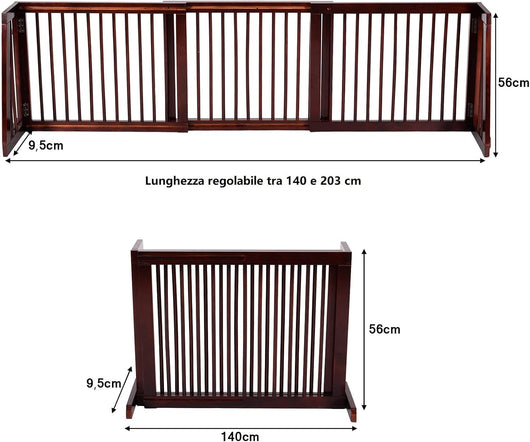 Cancelletto per Cani Regolabile in Legno Massello, con Base Larga e 3 Ante, Ideale per Cani di Piccola/Media Taglia (140-203) x 9,5 x 56 cm, Marrone