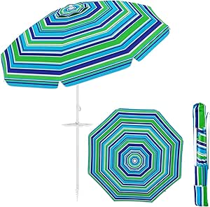 Ombrellone da Spiaggia 200 x 220 cm, Ombrellone da Mare con Inclinazione Regolabile, con Vassoio, 8 Stecche, Protezione UV, Impermeabile, Borsa di Trasporto (Verde)