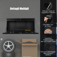 Banco da Lavoro Pieghevole a Parete, Organizzatore 2 in1 con Pannello Portautensili e Piano Spazioso, Tavolo da Lavoro Appeso per Garage, Magazzino, Officina, Nero