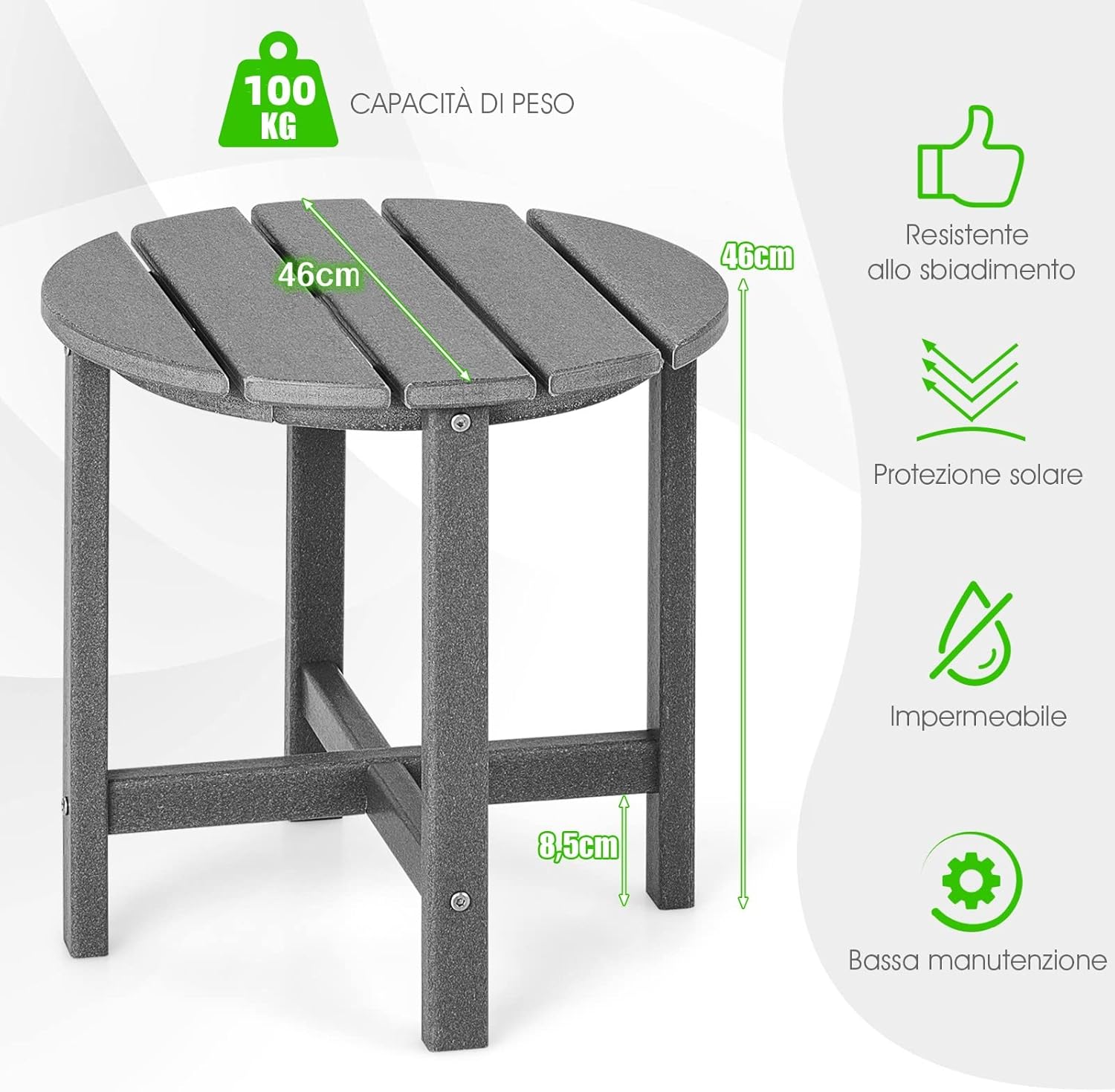 Tavolino da Giardino Rotondo per Esterno, Tavolo Adirondack in HDPE Resistente alle Intemperie, per Interno ed Esterno Patio, Portico, Giardino, Facile Manutenzione (Rotondo, Grigio)