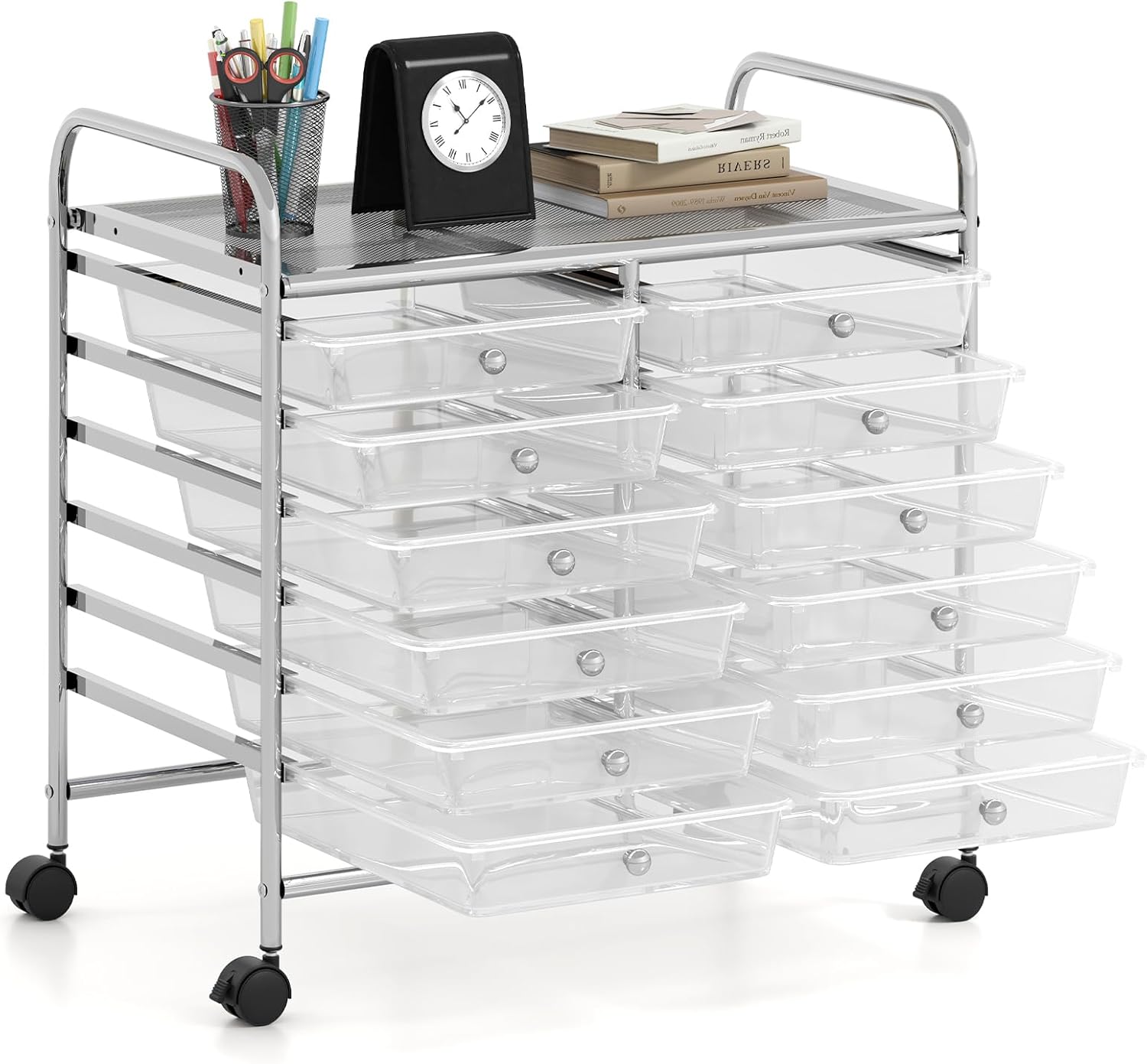 Carrello di Stoccaggio con 20 Cassetti, Carrello portaoggetti con 4 Ruote, Carrello Multiuso per Scuola Ufficio Cucina, 64 x 39 x 88 cm (12 cassetti Trasparente)