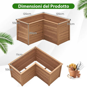 Letto Rialzato da Giardino in Legno, Fioriera da Esterno a Forma di L con Base Aperta, Aiuola per Frutto, Erbe, Verdure e Fiori da Blacone, Cortile e Prato, 120 x 120 x 63 cm (Marrone)