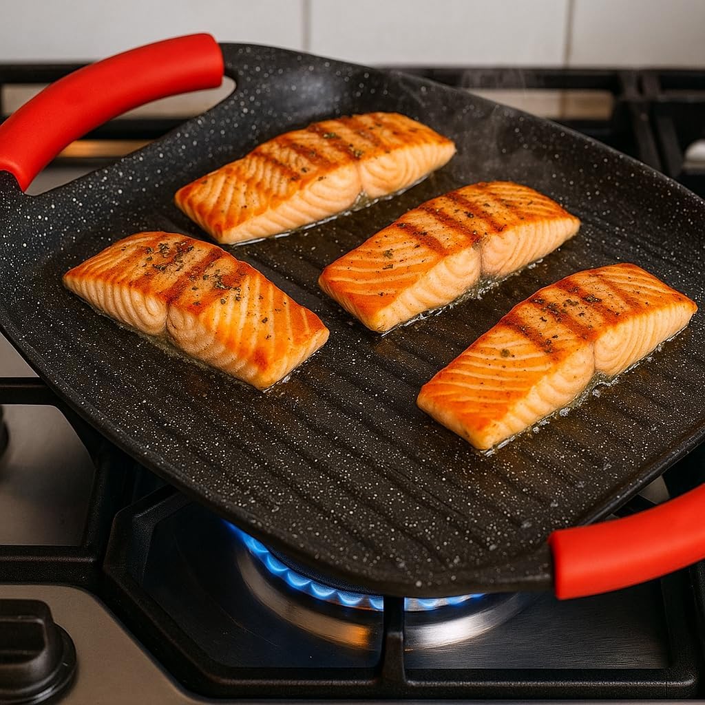 Padella Bistecchiera Antiaderente, 47cm in Alluminio Pressofuso, Rivestimento Effetto Marmo, Griglia Induzione per Carne, Pesce e Verdure.