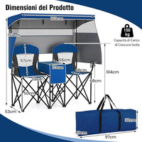 Sedia Spiaggia a Doppio, Sedia da Campeggio con Tettoia Regolabile, Poltrona Loveseat per 2 Persone, con Borsa da Trasporto, Borsa Termica, per Giardino Picnic, Portata 300 kg (Blu)