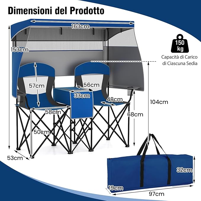 Sedia Spiaggia a Doppio, Sedia da Campeggio con Tettoia Regolabile, Poltrona Loveseat per 2 Persone, con Borsa da Trasporto, Borsa Termica, per Giardino Picnic, Portata 300 kg (Blu)