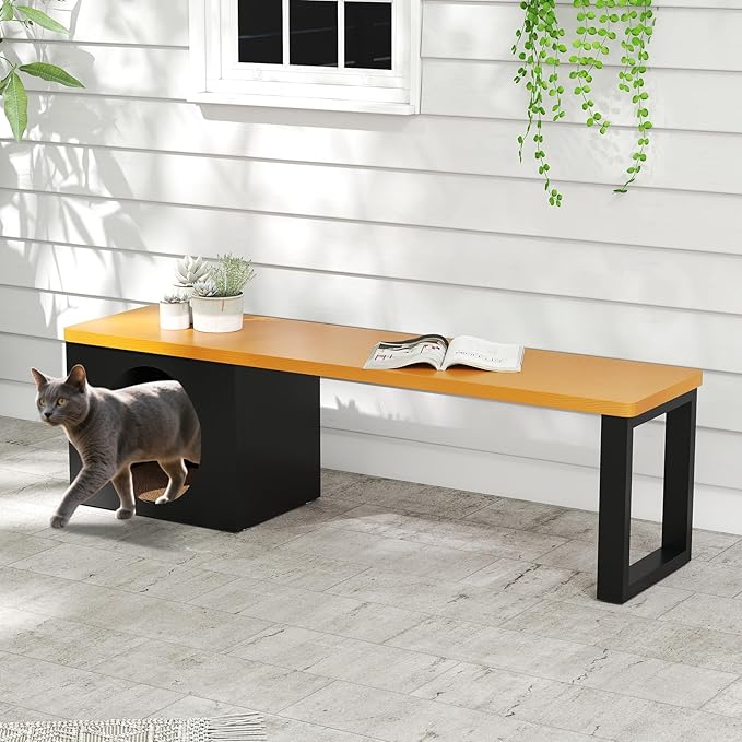 Panchina da Esterno in Metallo Lunga 150 CM con Cuccia per Gatti e Tappetino Tiragraffi, Seduta per 3 Persone, Portata 450 kg, Panchina Senza Schienale Resistente per Giardino