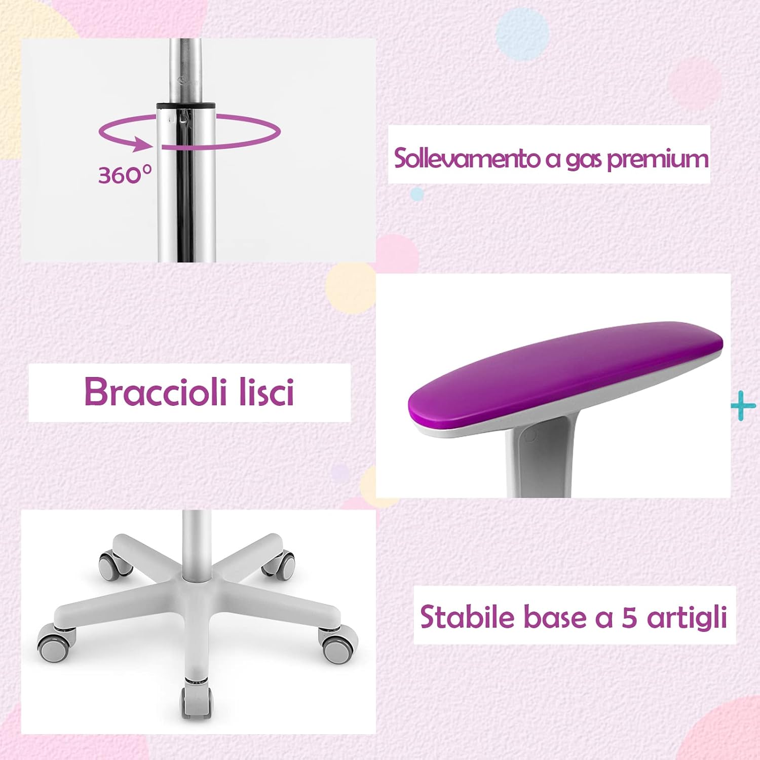 Sedia per Scrivania per Bambini, Sedia per Computer per Bambini con Altezza Regolabile, Ruote con Freni, Sedile Girevole a Rete, Sedia Ergonomica per Bambini 3-10 Anni (viola)