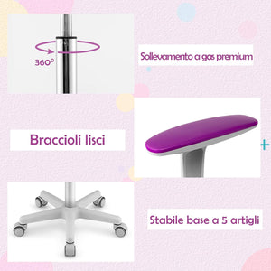 Sedia per Scrivania per Bambini, Sedia per Computer per Bambini con Altezza Regolabile, Ruote con Freni, Sedile Girevole a Rete, Sedia Ergonomica per Bambini 3-10 Anni (viola)