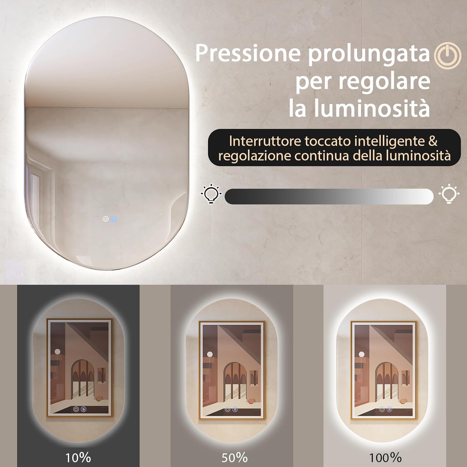 Specchio LED da Bagno 80x50 cm, Specchio da Parete Ovale con Pulsanti Touch, 3 Colori, Antiesplosione Antiappannamento