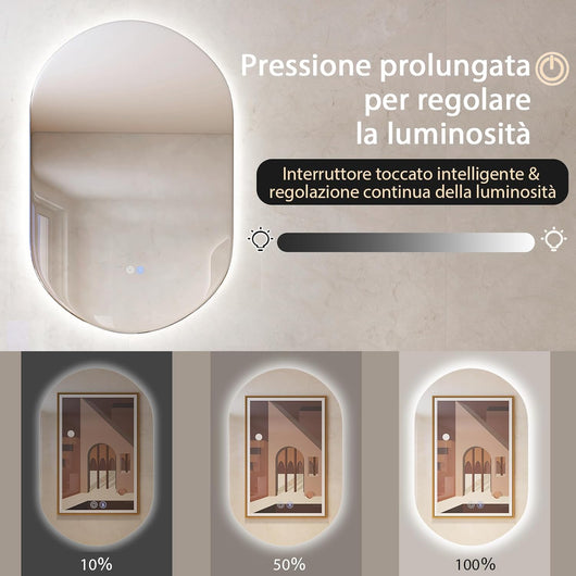 Specchio LED da Bagno 80x50 cm, Specchio da Parete Ovale con Pulsanti Touch, 3 Colori, Antiesplosione Antiappannamento
