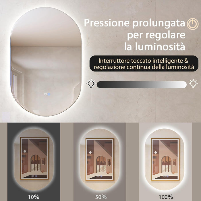Specchio LED da Bagno 80x50 cm, Specchio da Parete Ovale con Pulsanti Touch, 3 Colori, Antiesplosione Antiappannamento