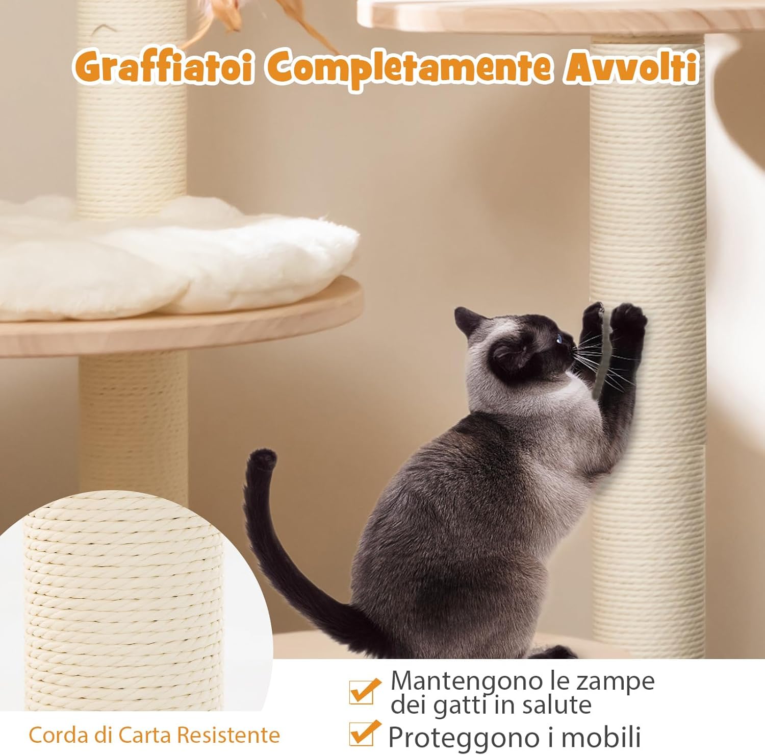 Tiragraffi per Gatti 4-in-1, Albero per Gatti in Legno di Quercia a Blocchi con Capsula Spaziale, Tiragraffi in Sisal, Piattaforma Imbottita e Giocattolo Appeso, 60 x 60 x 146 cm
