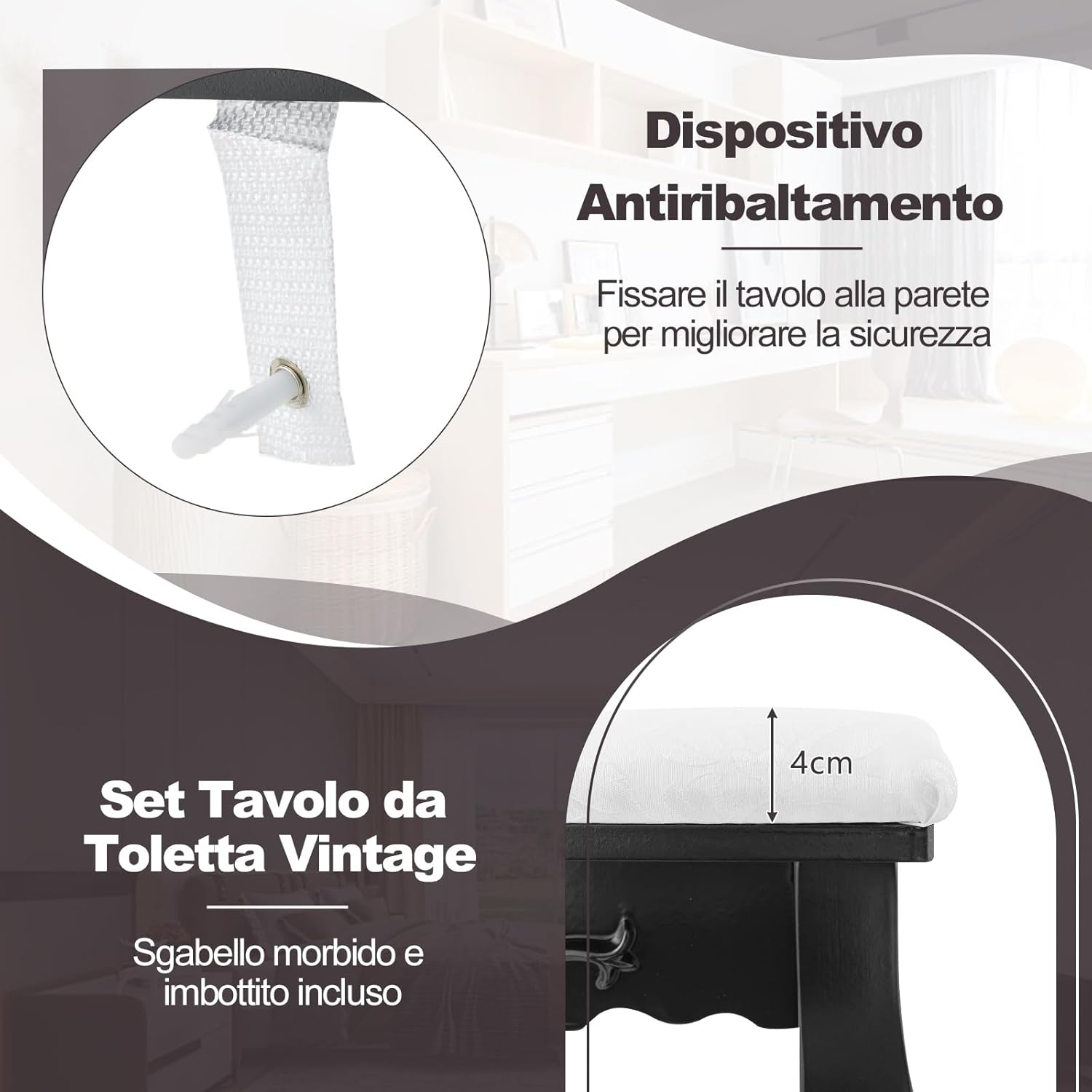 Toeletta Trucco con Specchio e 10 Luci LED, Luminosit¨¤ Regolabile, Postazione Trucco con Sgabello Imbottito, Tavolo da Trucco Scrivania con 4 Cassetti Camera da Letto (Nero)