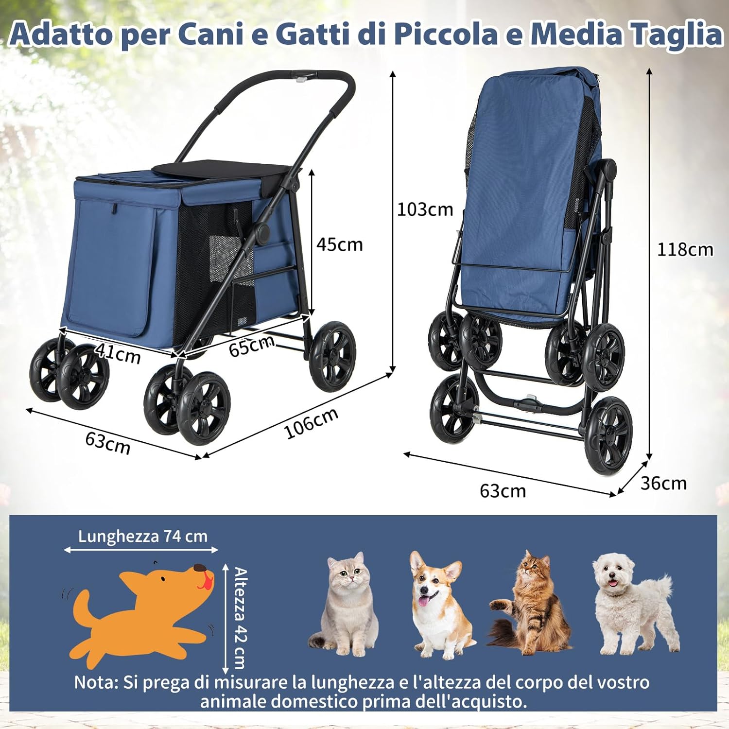 Passeggino per Cani Pieghevole, Carrello a 4 Ruote per Animali Domestici Piccoli e Medi, Trasportino Portatile con Ruote, Lucernario e Tasche, Chiusura Rapida (Blu)