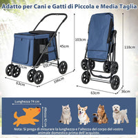 Passeggino per Cani Pieghevole, Carrello a 4 Ruote per Animali Domestici Piccoli e Medi, Trasportino Portatile con Ruote, Lucernario e Tasche, Chiusura Rapida (Blu)