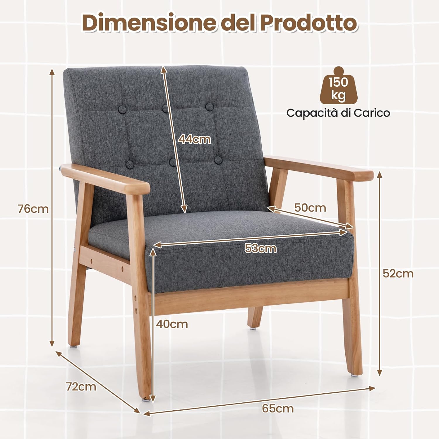 Poltrona Moderna, Sedia con Braccioli Imbottita e Rivestita in Lino Traspirante, Telaio in Legno Massiccio di Gomma, Sedia Divano Imbottita per Soggiorno, Camera da Letto, Studio