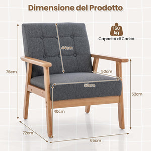 Poltrona Moderna, Sedia con Braccioli Imbottita e Rivestita in Lino Traspirante, Telaio in Legno Massiccio di Gomma, Sedia Divano Imbottita per Soggiorno, Camera da Letto, Studio