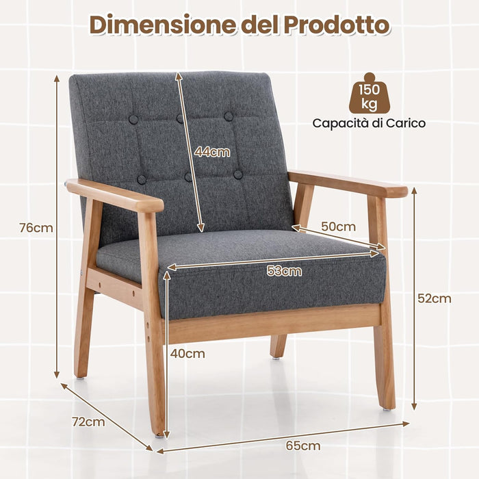 Poltrona Moderna, Sedia con Braccioli Imbottita e Rivestita in Lino Traspirante, Telaio in Legno Massiccio di Gomma, Sedia Divano Imbottita per Soggiorno, Camera da Letto, Studio